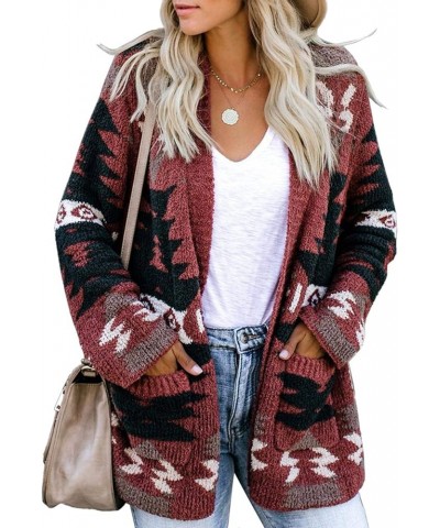 Women Boho Cardigan Aztec Open Front Loose Slouchy Sweaters Tribal Long Sleeve Knitted Christmas Jacket Coat A-wine Red $21.1...