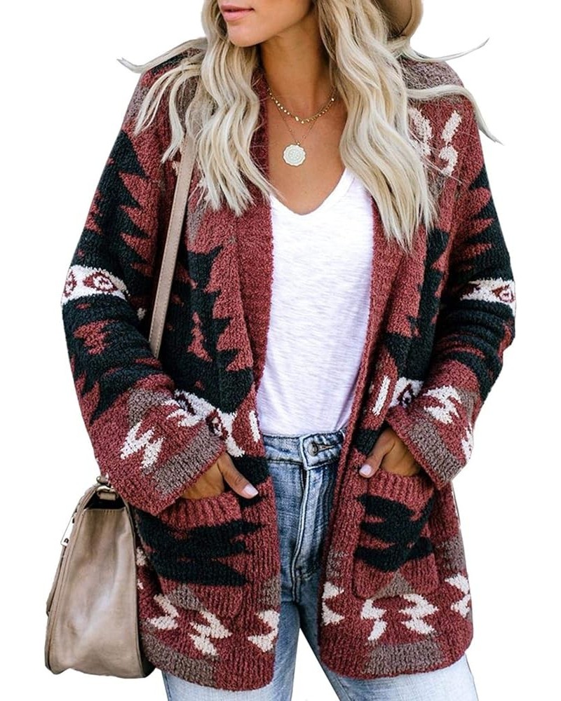 Women Boho Cardigan Aztec Open Front Loose Slouchy Sweaters Tribal Long Sleeve Knitted Christmas Jacket Coat A-wine Red $21.1...