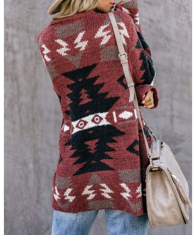 Women Boho Cardigan Aztec Open Front Loose Slouchy Sweaters Tribal Long Sleeve Knitted Christmas Jacket Coat A-wine Red $21.1...