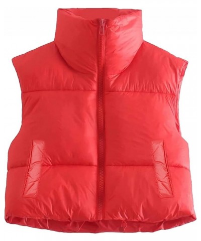 Women Cropped Puffer Vest Lightweight Sleeveless Cotton Padded Coat Gilet Streetwear B1 Red With Pockets $16.82 Vests