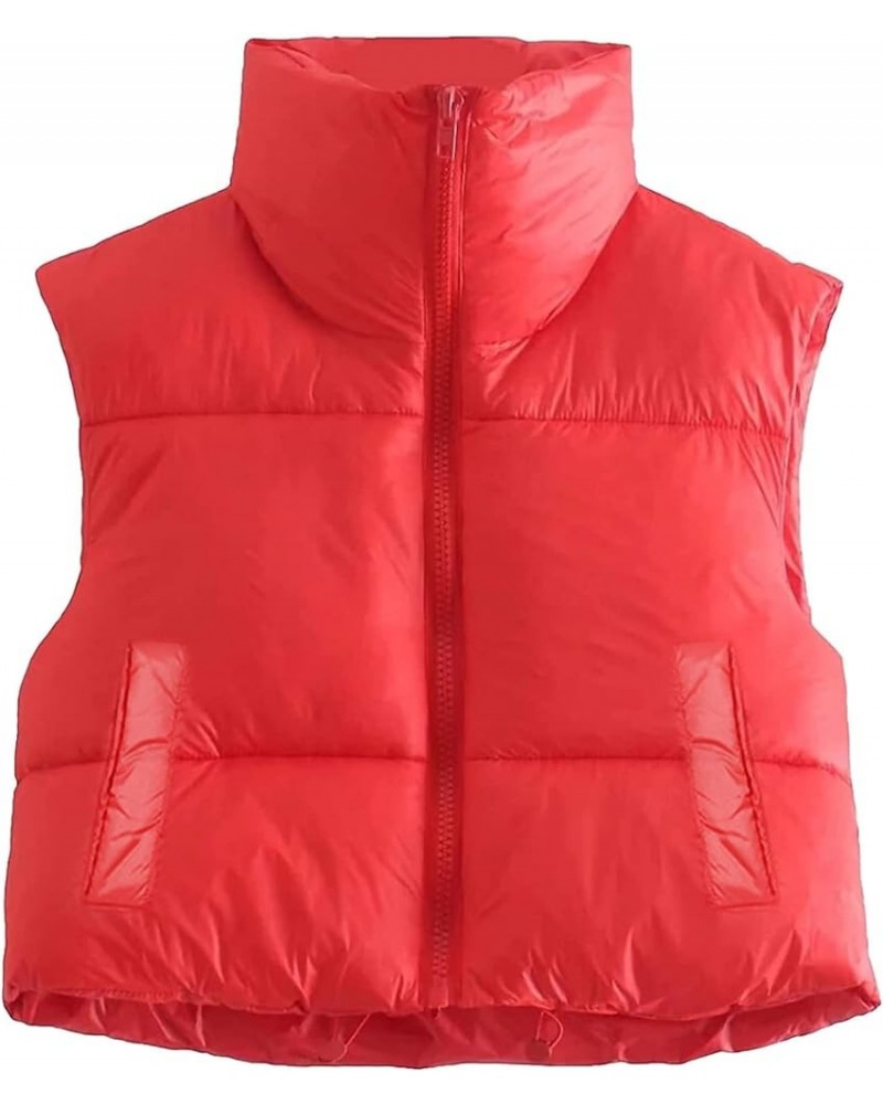 Women Cropped Puffer Vest Lightweight Sleeveless Cotton Padded Coat Gilet Streetwear B1 Red With Pockets $16.82 Vests