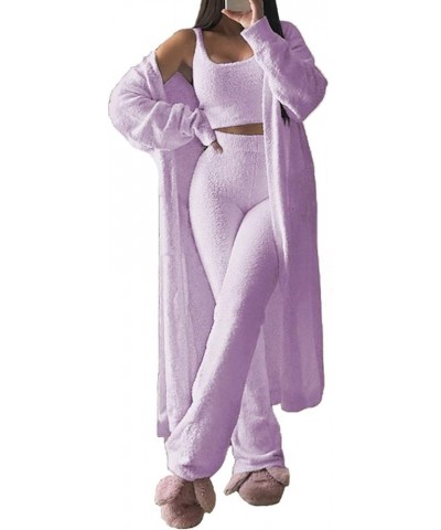 Women's Fuzzy 3 Piece Sweatsuit Open Front Cardigan Crop Tank Tops Wide Legs Pants Lounge Sets 1-purple $34.19 Sleep & Lounge