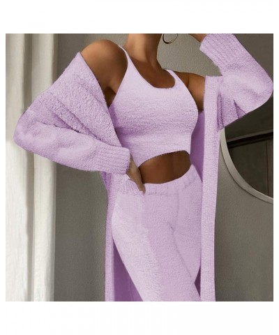 Women's Fuzzy 3 Piece Sweatsuit Open Front Cardigan Crop Tank Tops Wide Legs Pants Lounge Sets 1-purple $34.19 Sleep & Lounge