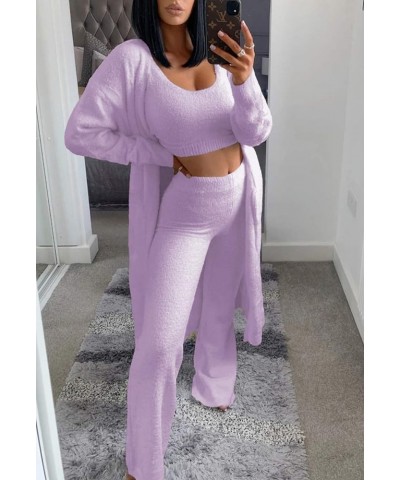 Women's Fuzzy 3 Piece Sweatsuit Open Front Cardigan Crop Tank Tops Wide Legs Pants Lounge Sets 1-purple $34.19 Sleep & Lounge