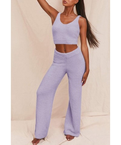 Women's Fuzzy 3 Piece Sweatsuit Open Front Cardigan Crop Tank Tops Wide Legs Pants Lounge Sets 1-purple $34.19 Sleep & Lounge