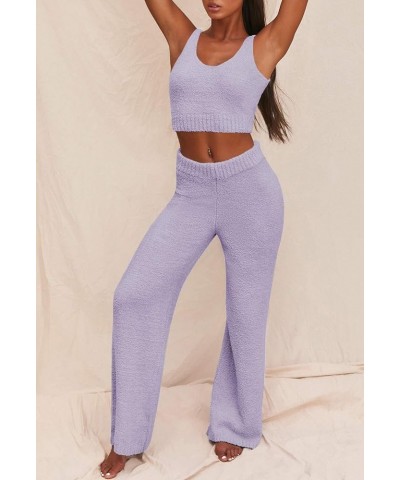 Women's Fuzzy 3 Piece Sweatsuit Open Front Cardigan Crop Tank Tops Wide Legs Pants Lounge Sets 1-purple $34.19 Sleep & Lounge