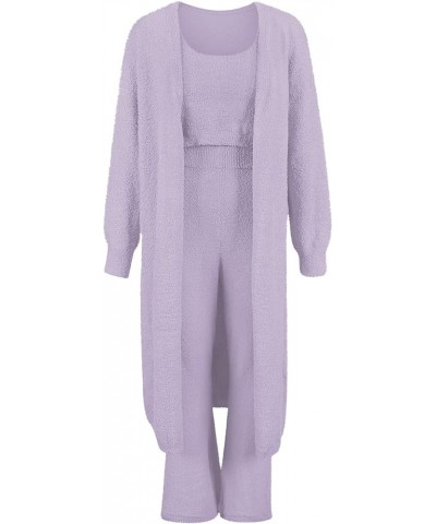 Women's Fuzzy 3 Piece Sweatsuit Open Front Cardigan Crop Tank Tops Wide Legs Pants Lounge Sets 1-purple $34.19 Sleep & Lounge