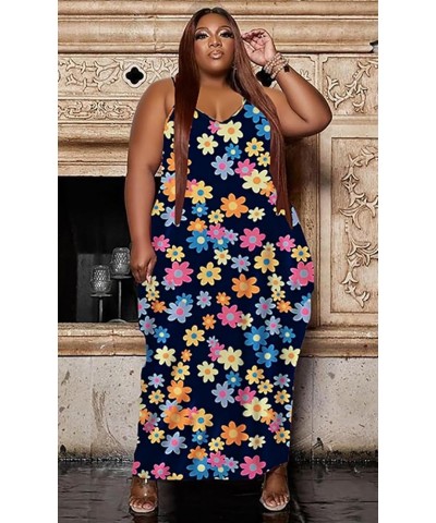 Women Casual Plus Size Dress Summer Short Sleeve V Neck T Shirt Loose Oversize Flowy Long Dresses with Pocket 27- Navy Sunflo...