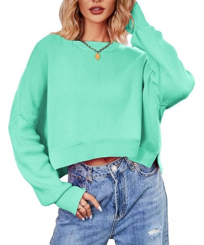 Women Crew Neck Solid Oversized Cropped Sweater Long Sleeve Drop Shoulder Side Slit Knit Crop Pullover Jumper Light Green $16...