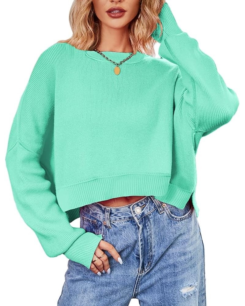 Women Crew Neck Solid Oversized Cropped Sweater Long Sleeve Drop Shoulder Side Slit Knit Crop Pullover Jumper Light Green $16...