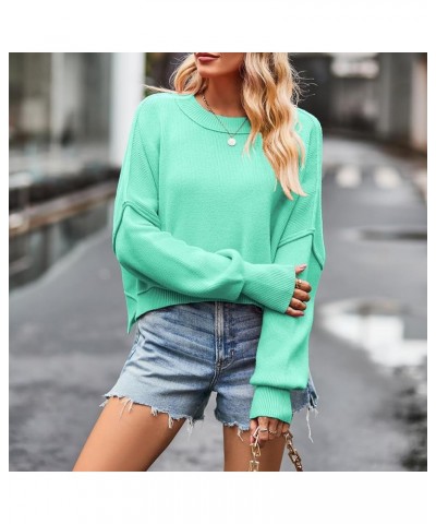 Women Crew Neck Solid Oversized Cropped Sweater Long Sleeve Drop Shoulder Side Slit Knit Crop Pullover Jumper Light Green $16...