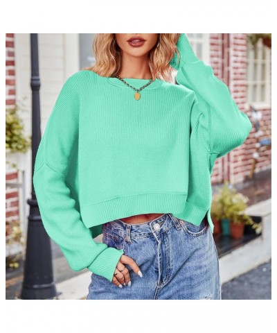 Women Crew Neck Solid Oversized Cropped Sweater Long Sleeve Drop Shoulder Side Slit Knit Crop Pullover Jumper Light Green $16...