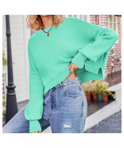 Women Crew Neck Solid Oversized Cropped Sweater Long Sleeve Drop Shoulder Side Slit Knit Crop Pullover Jumper Light Green $16...