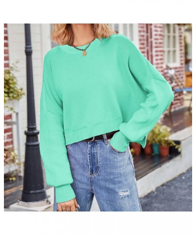 Women Crew Neck Solid Oversized Cropped Sweater Long Sleeve Drop Shoulder Side Slit Knit Crop Pullover Jumper Light Green $16...