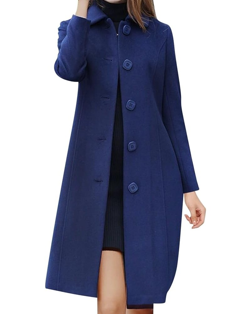 Overcoat for Women Single Breasted Collarless Belted Winter Mid Length Pea Coats Notched Collar Mid Woolen Blend Jacket Navy-...