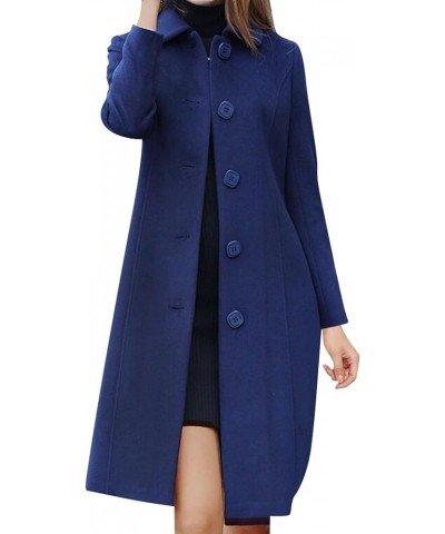 Overcoat for Women Single Breasted Collarless Belted Winter Mid Length Pea Coats Notched Collar Mid Woolen Blend Jacket Navy-...