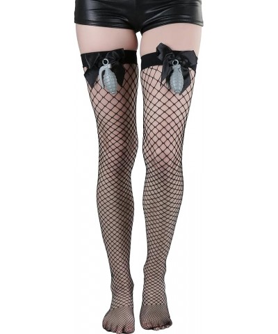 Women’s Fine Fishnet Fashion Thigh High w/Satin Bow Stockings Hand Grenade Explosive Dynamite Soldier - Black $8.93 Socks