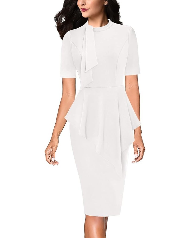 Womens Bow Tie Neck Asymmetrical Peplum Slim Work Business Office Pencil Dress Off White-2 $23.03 Dresses