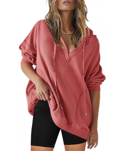 Womens Oversized Hoodies V Neck Drawstring Long Sleeve Waffle Knit Tops Lightweight Thermal with Pockets Rust $18.32 Hoodies ...