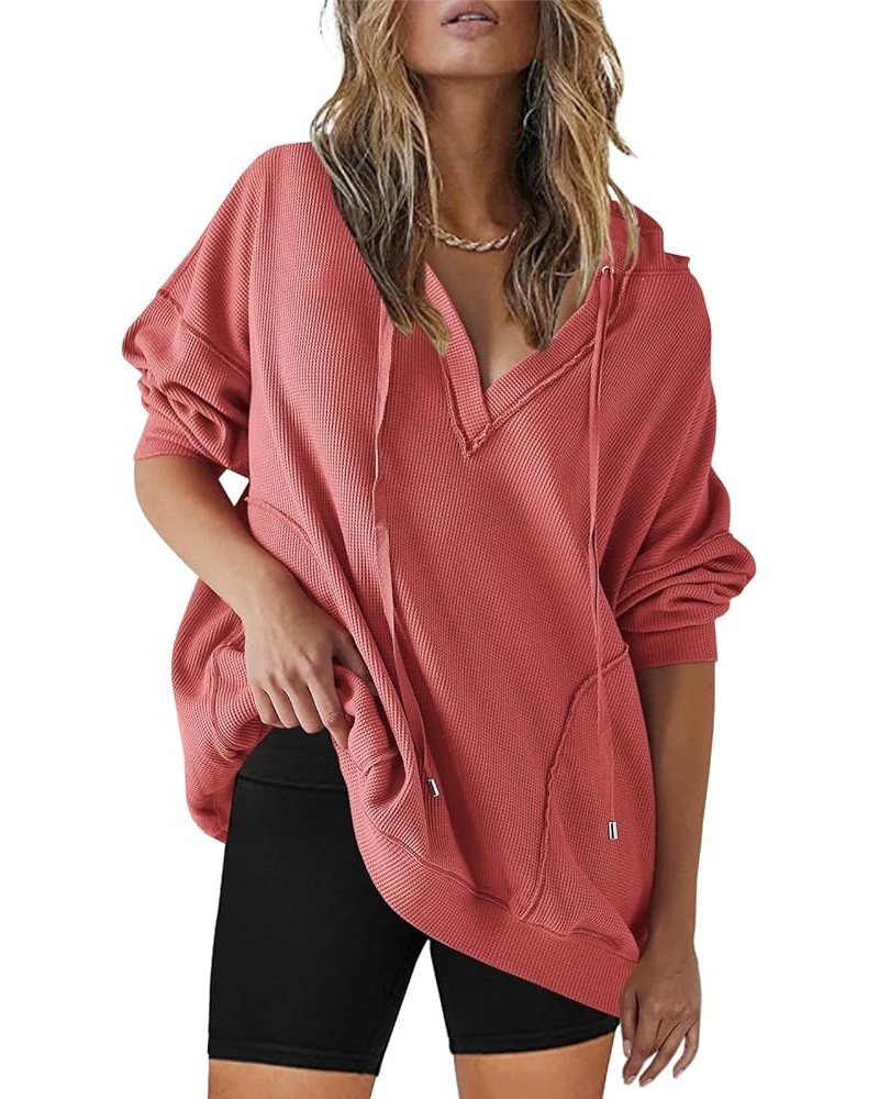 Womens Oversized Hoodies V Neck Drawstring Long Sleeve Waffle Knit Tops Lightweight Thermal with Pockets Rust $18.32 Hoodies ...