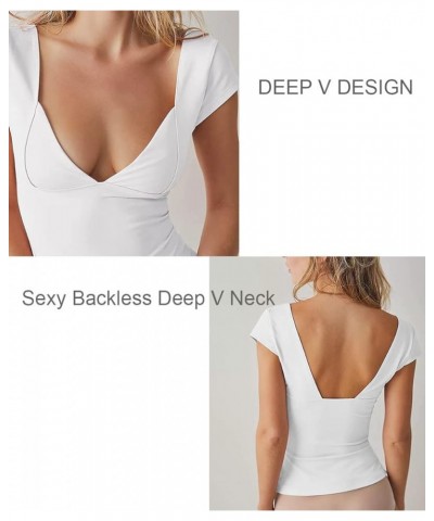 Womens Deep V Neck Crop Tops Y2k Backless Sexy Short Sleeve Low Cut T-Shirts Causal Slim Fit Tee Summer Crop Cami White $9.71...