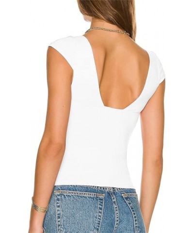 Womens Deep V Neck Crop Tops Y2k Backless Sexy Short Sleeve Low Cut T-Shirts Causal Slim Fit Tee Summer Crop Cami White $9.71...