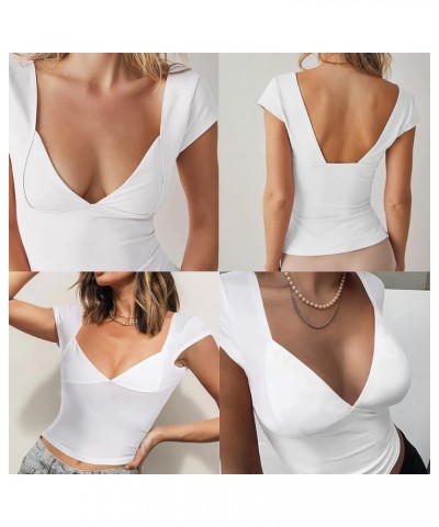 Womens Deep V Neck Crop Tops Y2k Backless Sexy Short Sleeve Low Cut T-Shirts Causal Slim Fit Tee Summer Crop Cami White $9.71...