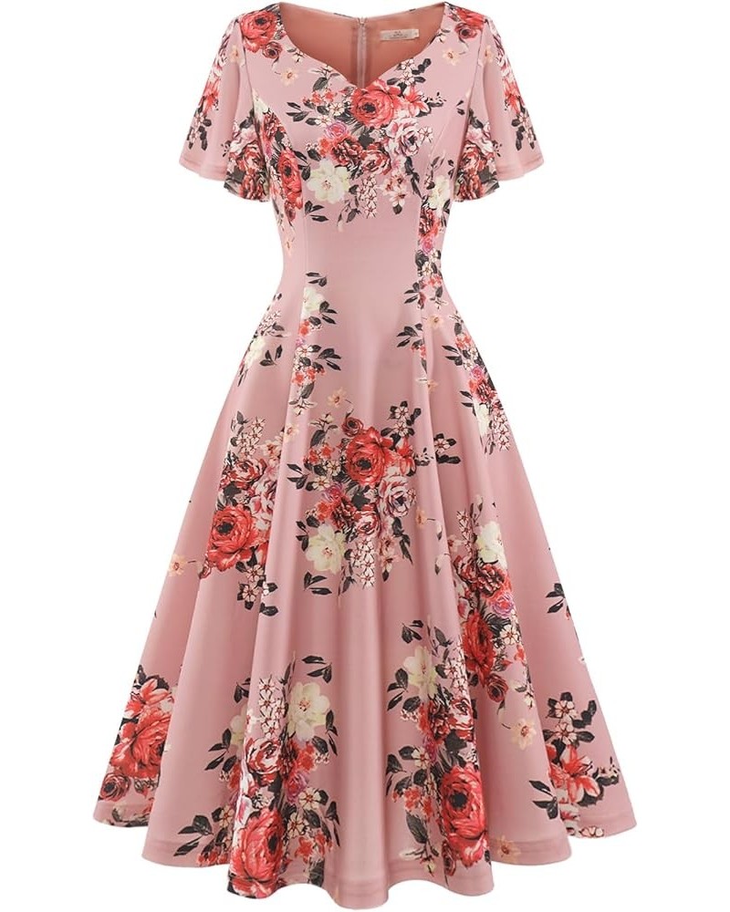 Ruffle Sleeve Cocktail Dresses for Wedding Guest Fit and Flare Tea Length Party Dress Blush Flower $19.36 Dresses