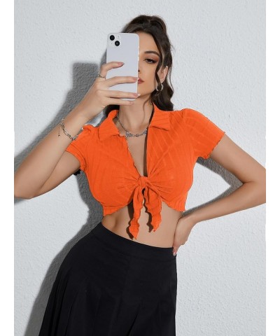 Women Tie Front Bolero Shrug Shirts Trendy Going Out Crop Tops Orange $11.87 Sweaters