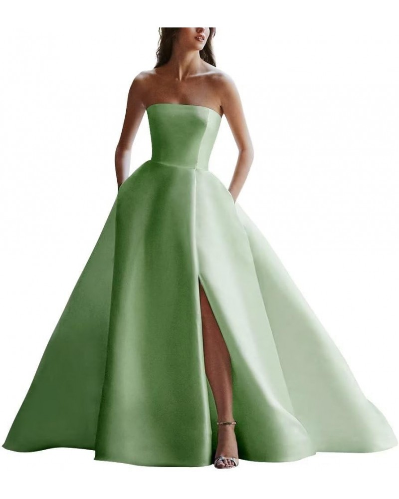 Strapless Satin Wedding Dresses for Bride with Slit Sleeveless Bridal Dresses Ball Gown for Wedding Sage $42.11 Dresses