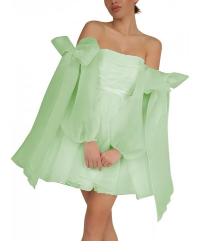 Off The Shoulder Organza Homecoming Dresses Bow Tie Long Sleeve Prom Dresses Short A-Line Formal Cocktail Party Gown Sage $27...