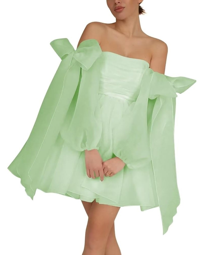 Off The Shoulder Organza Homecoming Dresses Bow Tie Long Sleeve Prom Dresses Short A-Line Formal Cocktail Party Gown Sage $27...