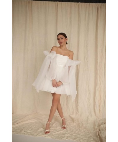 Off The Shoulder Organza Homecoming Dresses Bow Tie Long Sleeve Prom Dresses Short A-Line Formal Cocktail Party Gown Sage $27...