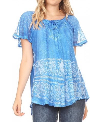 Marzia Women's Loose Fit Short Sleeve Casual Tie Dye Batik Blouse Top Tunic Blue $17.66 Blouses