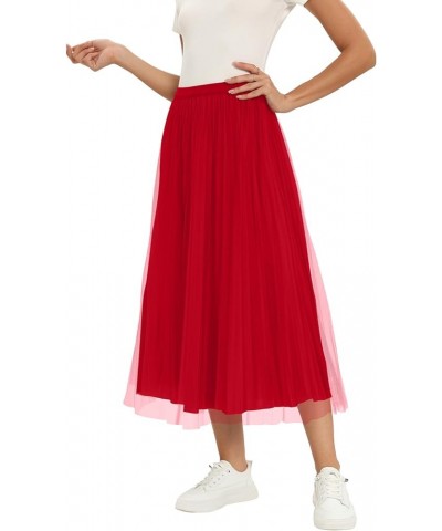 Women's Midi Skirt Pleated Elastic Waist Double Layered Mesh Tutu Tulle Skirts Red $13.02 Skirts