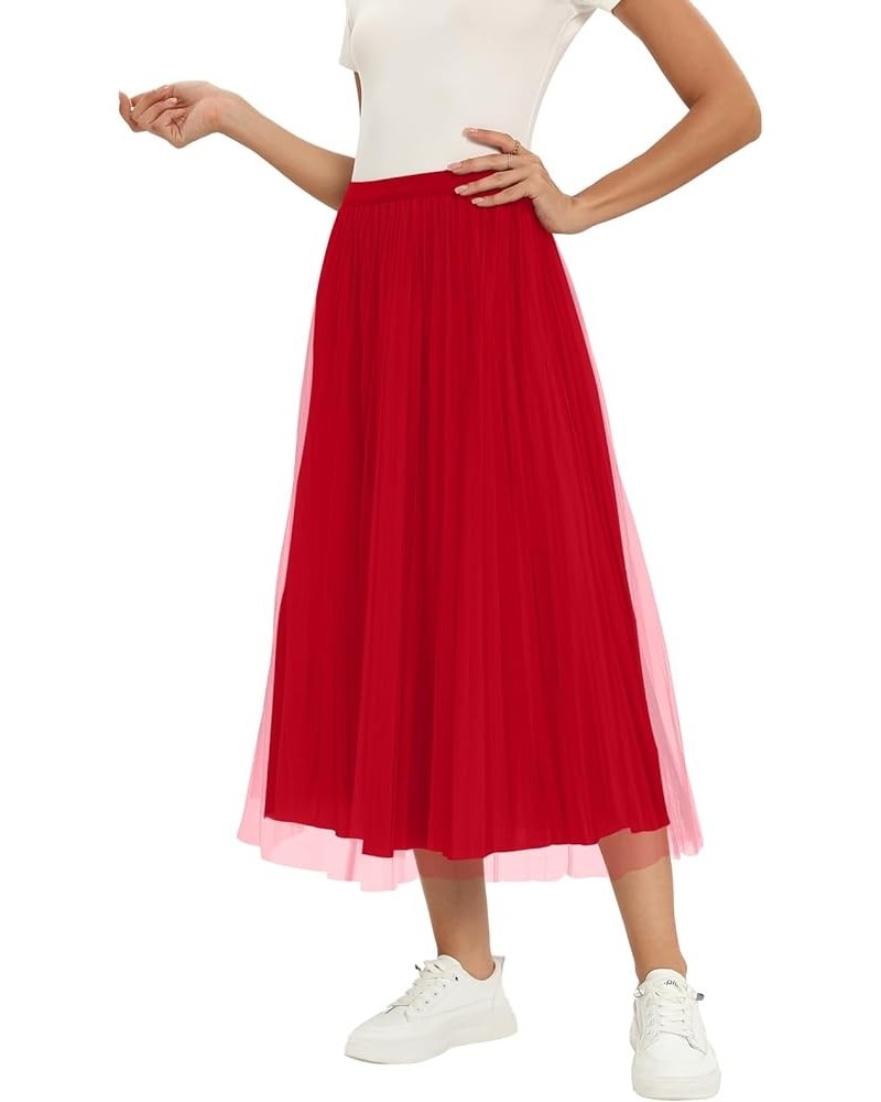 Women's Midi Skirt Pleated Elastic Waist Double Layered Mesh Tutu Tulle Skirts Red $13.02 Skirts