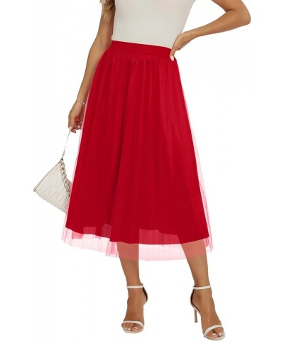 Women's Midi Skirt Pleated Elastic Waist Double Layered Mesh Tutu Tulle Skirts Red $13.02 Skirts