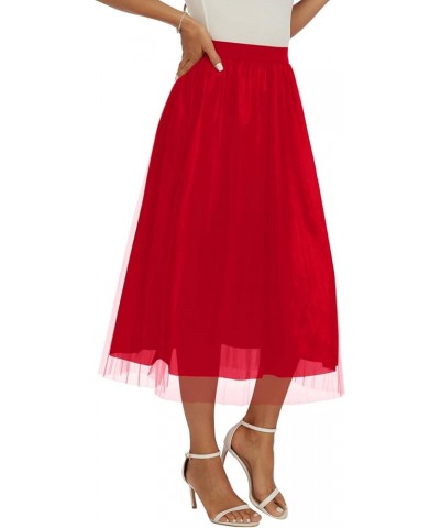 Women's Midi Skirt Pleated Elastic Waist Double Layered Mesh Tutu Tulle Skirts Red $13.02 Skirts