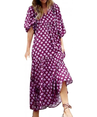 Womens Summer Dresses Vintage Boho Maxi Dress Long Sleeve Beach Long Dress Bohemian Floral Maxi Dress Tiered Sundresses Purpl...