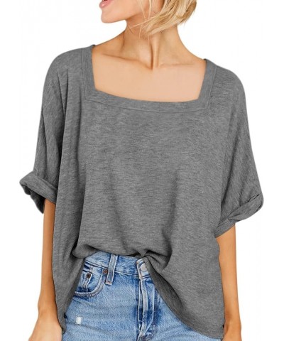 Womens Square Neck Oversized T Shirts Short Sleeve Casual Loose Tees Tops Grey $13.24 T-Shirts