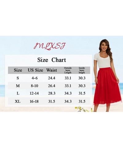 Women's Midi Skirt Pleated Elastic Waist Double Layered Mesh Tutu Tulle Skirts Red $13.02 Skirts