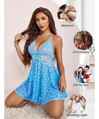 Lingerie for Women Lace Babydoll Halter Chemise V Neck Nightgown Sexy Sleepwear Nightdress Blue Flower $12.17 Lingerie