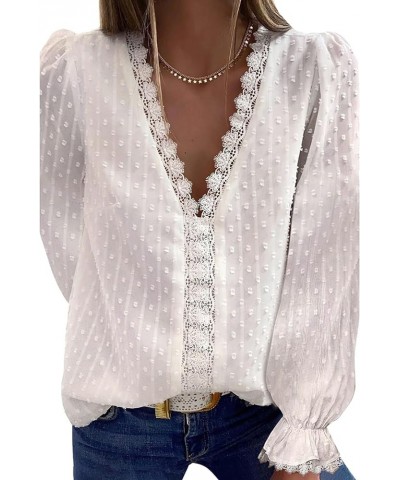 Women's V Neck Lace Crochet Tunic Tops Swiss Dots Long Sleeve Lace Blouse Shirt White $10.25 Blouses