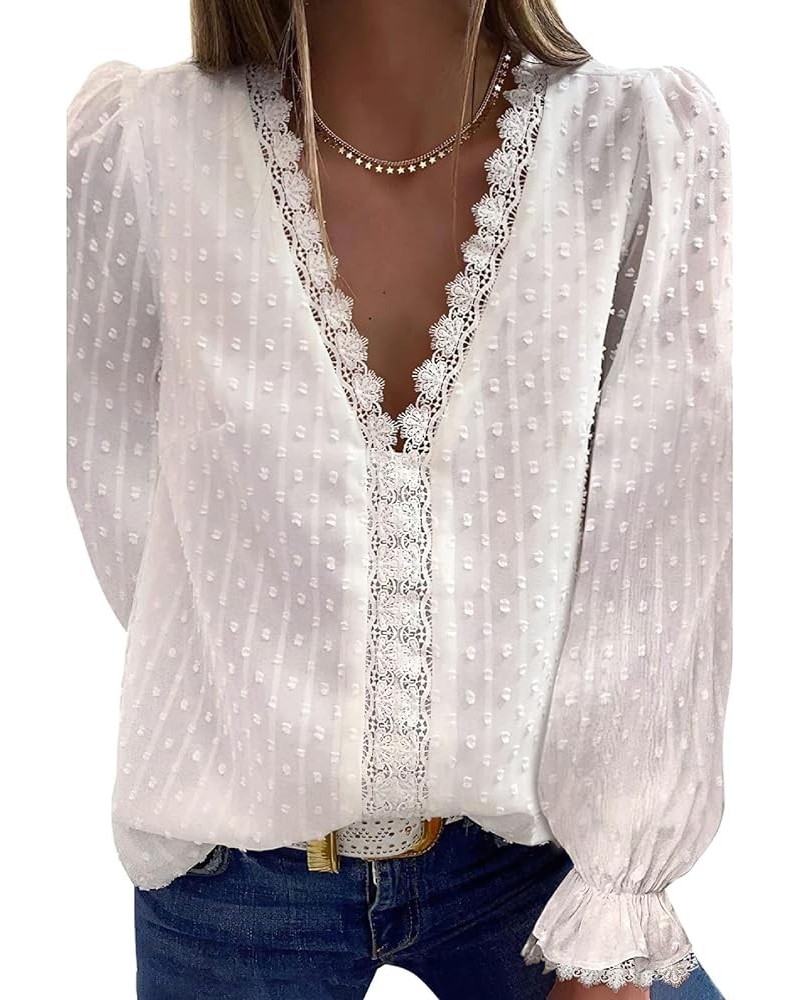 Women's V Neck Lace Crochet Tunic Tops Swiss Dots Long Sleeve Lace Blouse Shirt White $10.25 Blouses