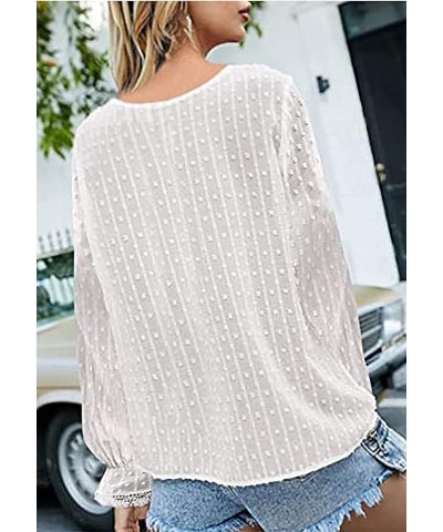 Women's V Neck Lace Crochet Tunic Tops Swiss Dots Long Sleeve Lace Blouse Shirt White $10.25 Blouses