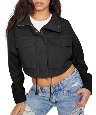 Womens Casual Jackets Cropped Long Sleeve Zip Up Lightweight Coat with Pockets Black $23.84 Jackets