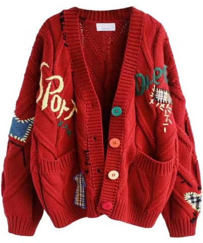 Women's Embroidery Knit Cardigan Open Front Cardigan V Neck Loose Long Sleeve Oversized Button Sweater Coat Outwear Red $19.8...