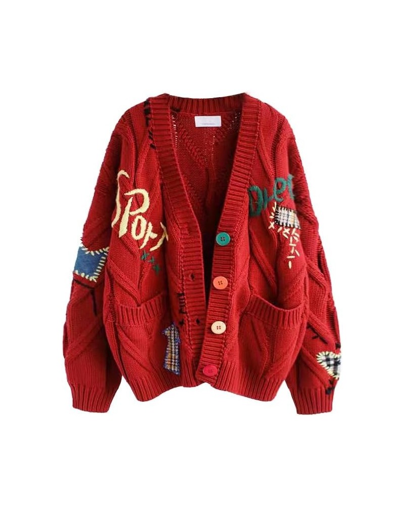 Women's Embroidery Knit Cardigan Open Front Cardigan V Neck Loose Long Sleeve Oversized Button Sweater Coat Outwear Red $19.8...