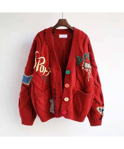 Women's Embroidery Knit Cardigan Open Front Cardigan V Neck Loose Long Sleeve Oversized Button Sweater Coat Outwear Red $19.8...