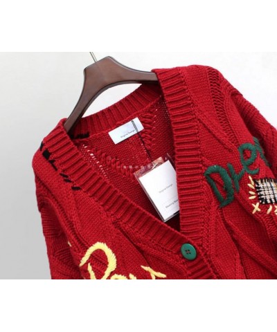 Women's Embroidery Knit Cardigan Open Front Cardigan V Neck Loose Long Sleeve Oversized Button Sweater Coat Outwear Red $19.8...